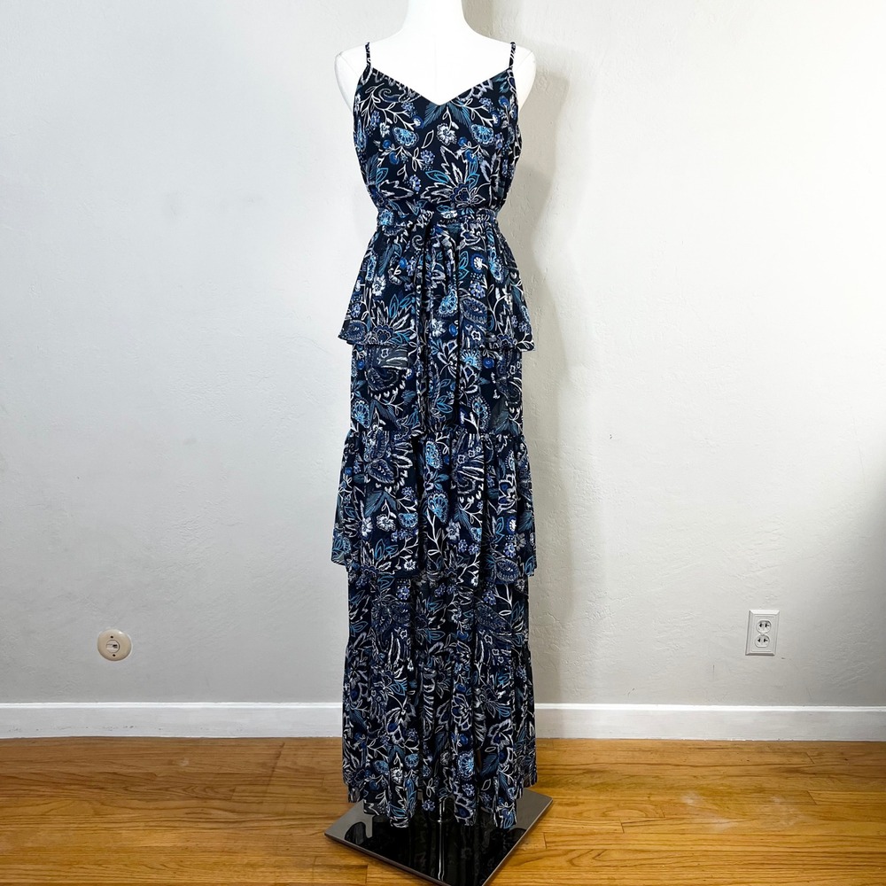 Eliza J Maxi Dress Size 4 Sleeveless Blue Floral Tiered Belted‎ Blouson Dress